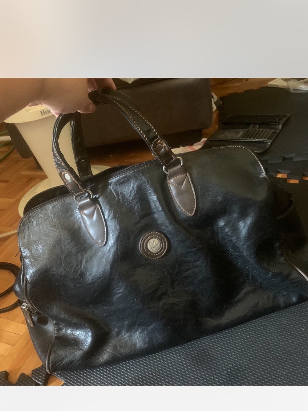 Mouflon Vintage Black Leather Travel Duffel Satchel Bag